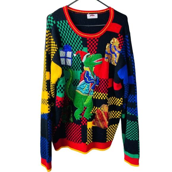 Ugly Christmas Sweater Dinosaur T-Rex Santa Hat Present Plaid Unisex Sweater XL - Picture 1 of 8